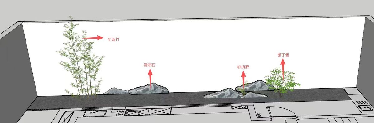 江堤春晓 · 庭院水景,立面设计图 · 山石与植物