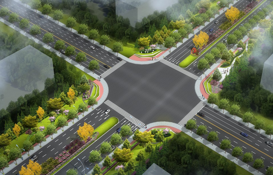 栾武路景观改造,设计效果图 · 道路景观鸟瞰